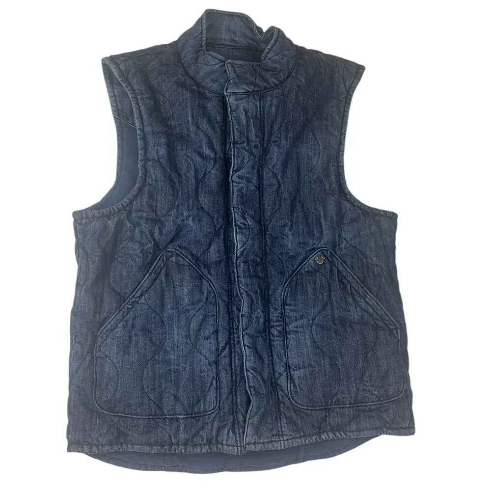 True Religion mens large puffer Indigo Denim Vest reversible logo